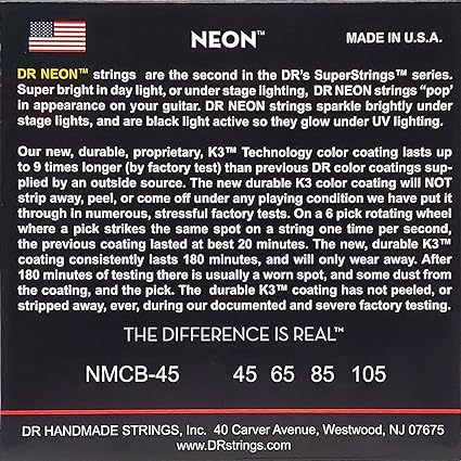 DR_Neon_NMCB5-45-105_Jeu de 4 cordes multicolores pour Guitare Basse électrique