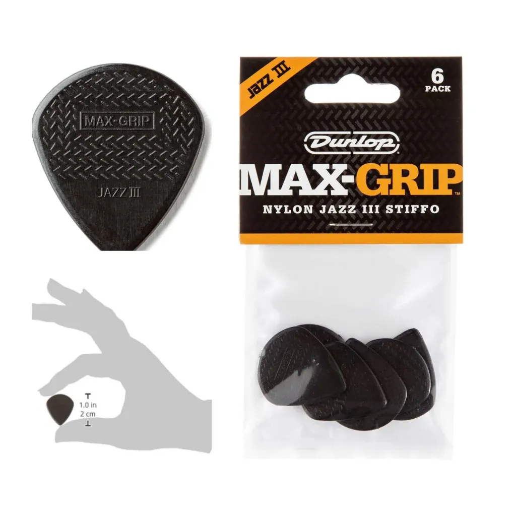 Dunlop_Max Grip_Jazz III_Jeu de 6 médiators en fibre de carbone (1,38mm)