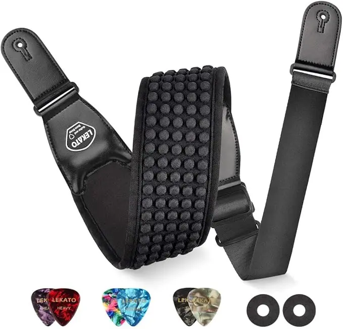 LEKATO_LGS1_TZ45-55_Sangle de guitare rembourrée en mousse néoprène avec extrémités en cuir pour guitare basse, électrique et acoustique