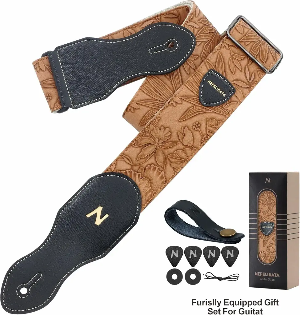 NEFELIBATA_TZ03_Sangle Jaune Lin en CUIR pour Guitares Basse, Electrique et Acoustique Professionnelle