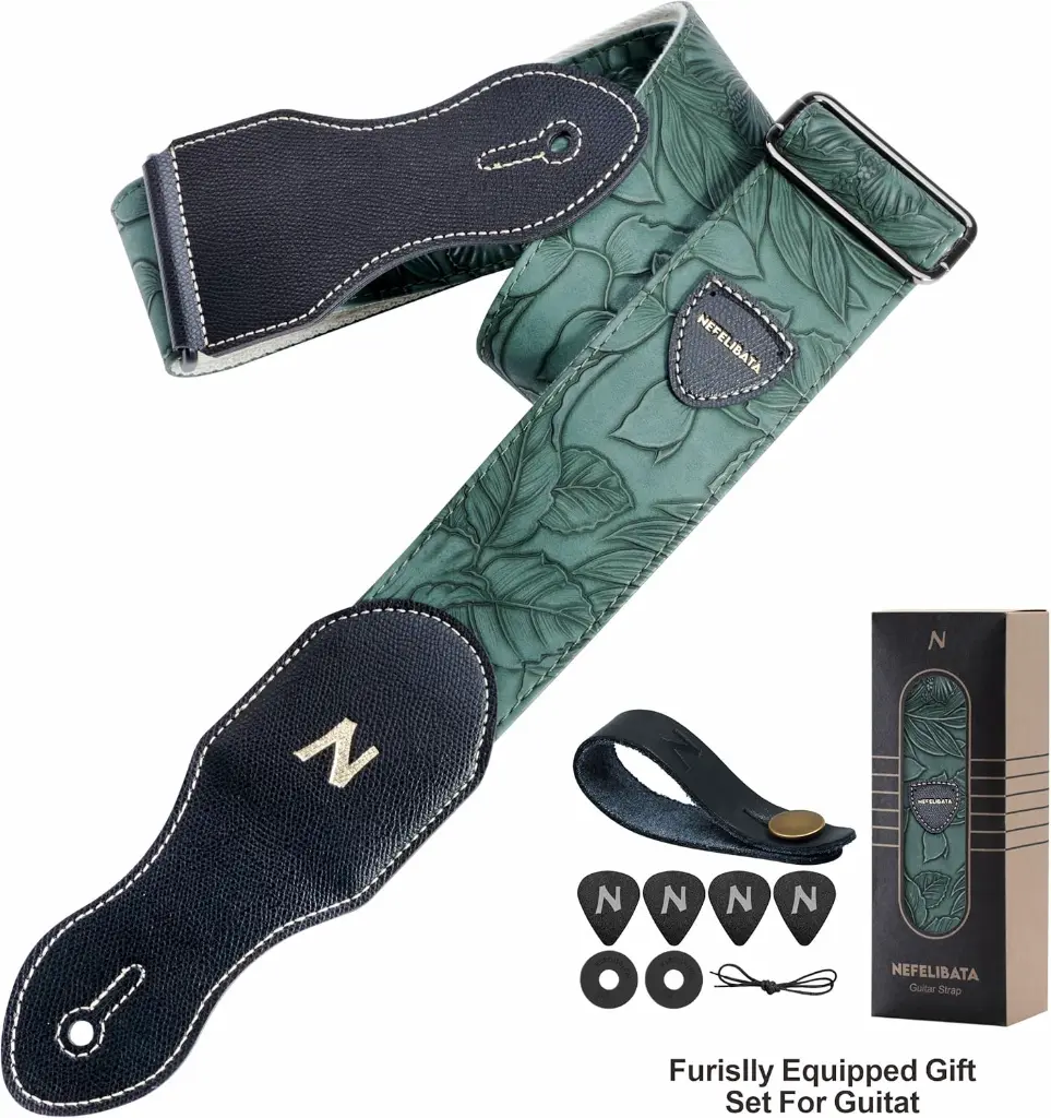 NEFELIBATA_TZ03_Sangle Vert en CUIR pour Guitares Basse, Electrique et Acoustique Professionnelle