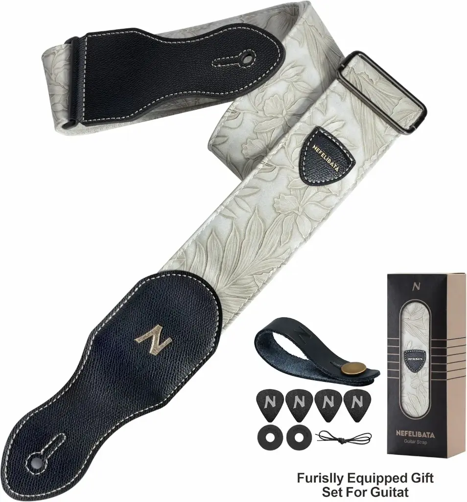 NEFELIBATA_TZ03_Sangle Blanc en CUIR pour Guitares Basse, Electrique et Acoustique Professionnelle