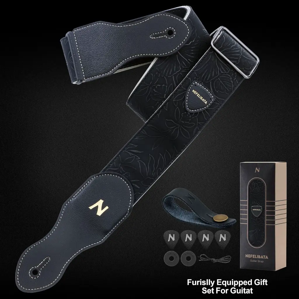 NEFELIBATA_TZ03_Sangle Noir en CUIR pour Guitares Basse, Electrique et Acoustique Professionnelle