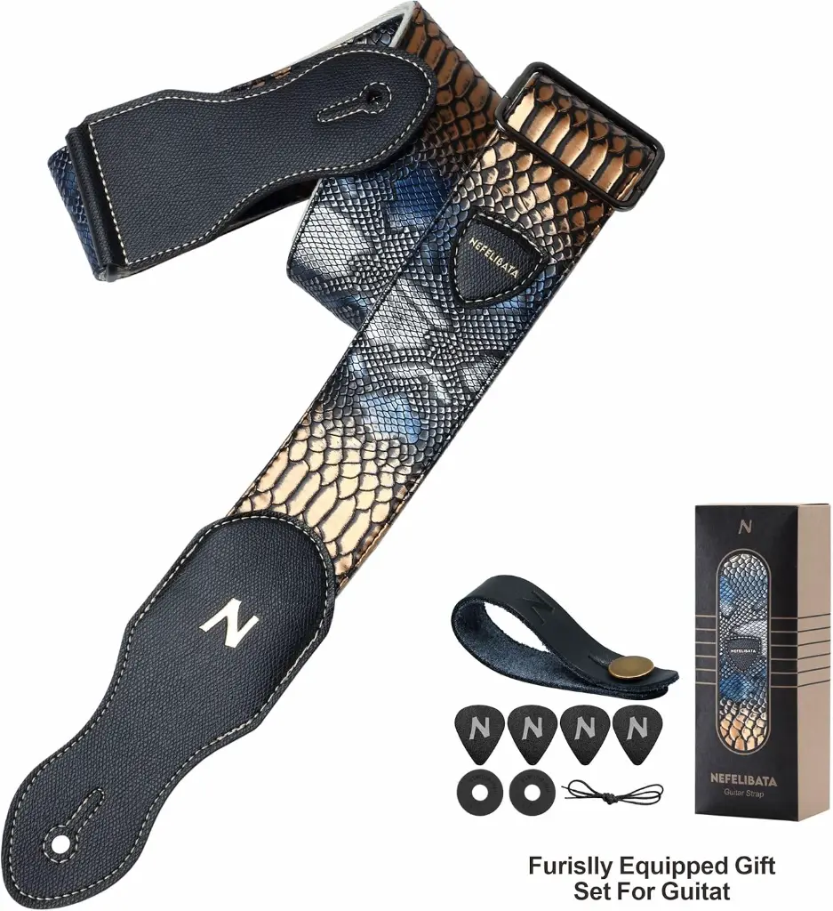 NEFELIBATA_TZ03_Sangle Peau de Serpent en CUIR pour Guitares Basse, Electrique et Acoustique Professionnelle